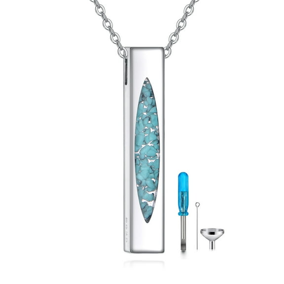 JUSORA Urn Necklaces for Ashes Sterling Silver Turquoise 3D Vertical Bar Memorial Pendant for Loved Ones Keepsake Cremation Jewelry Gifts for Women Men