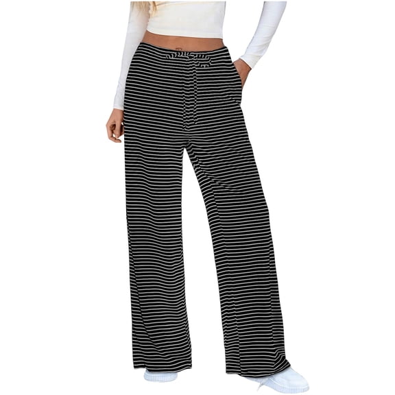 Women's Pants Fashion Casual Pants For Women Striped Wide Leg Drawstring Elastic Waist Knit Baggy Sweat With Pockets