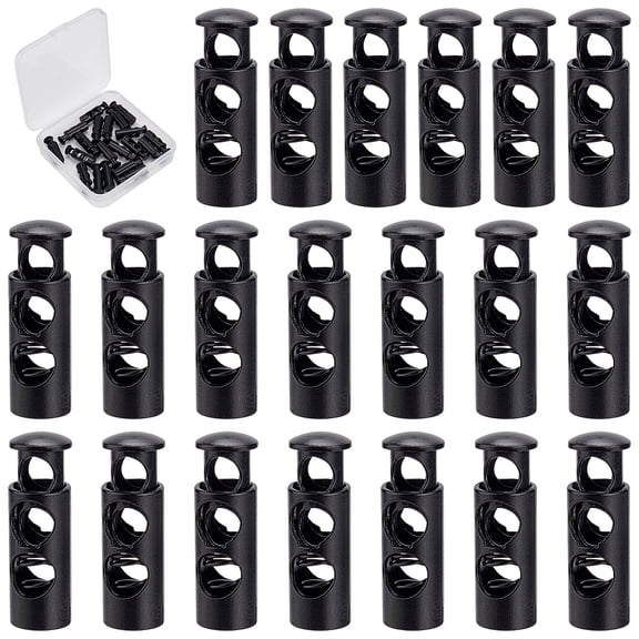 1 box 20pcs Alloy Cord Locks Double Hole Toggle Spring Stopper Loaded Stop Sliding Cord Fastener Locks Buttons for Drawstrings Shoestrings Sweatpants Backpacks Electrophoresis Black