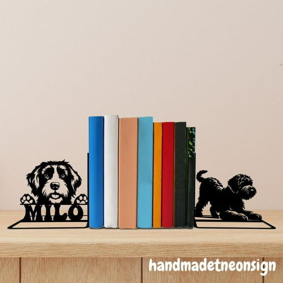 Handmadetneonsign Portuguese Water Dog Metal Bookends, Dog Name Bookend, Pet Table Bookshelf Decor 042838