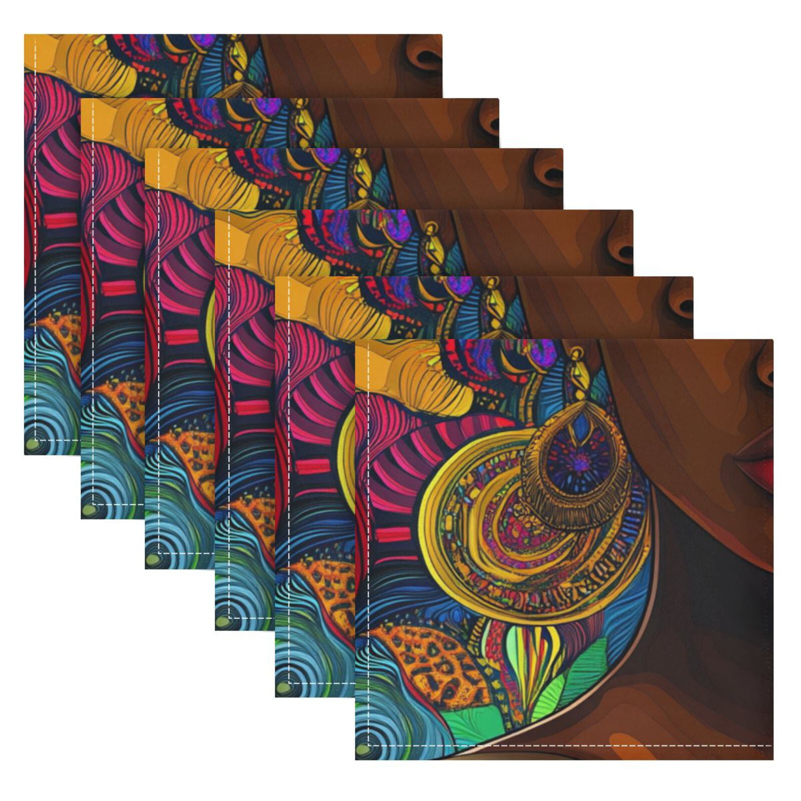 JSTEL African American Woman Bohomian Cloth Napkins Set of 6, 20x20 Inch Washable and Reusable Napkin for Decoupage Dinner Party Everyday Use