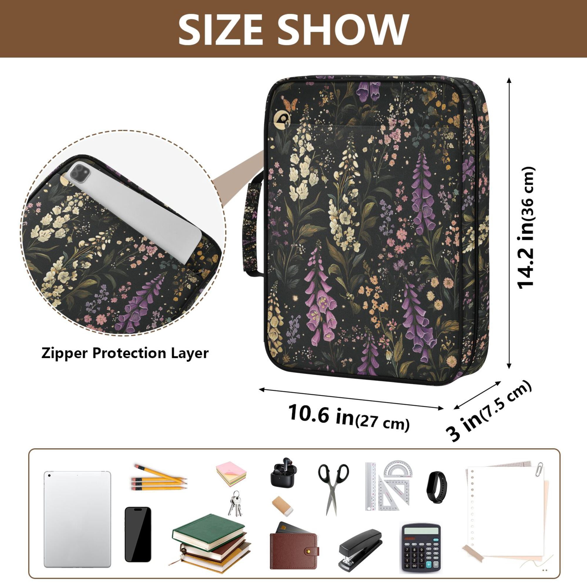 FORMRS Accordion File Folder A4 Size 7-Pocket Expanding Document Organizer Bag with 3 Ring Binder, Purple Floral Pattern
