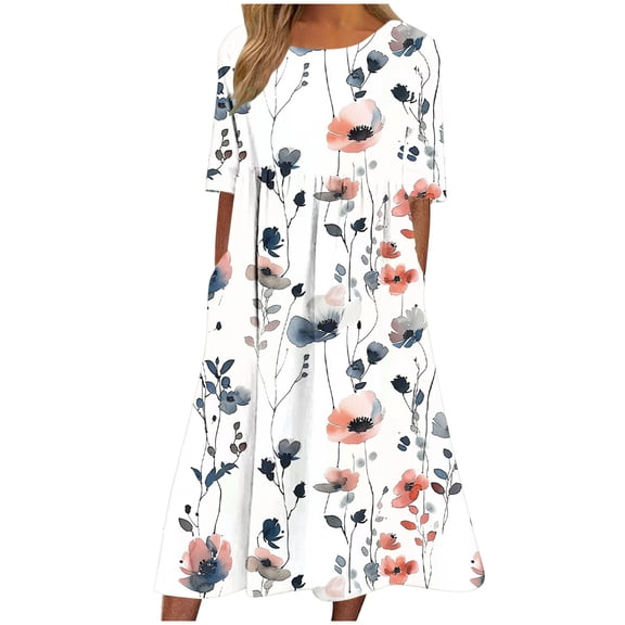 Tnhcen Women's Summer Casual Vintage Floral Print Short Sleeve Round Neck Knee Length Loose Dress 4 Way Stretch Plus Size S - 2XL Pocket Dress