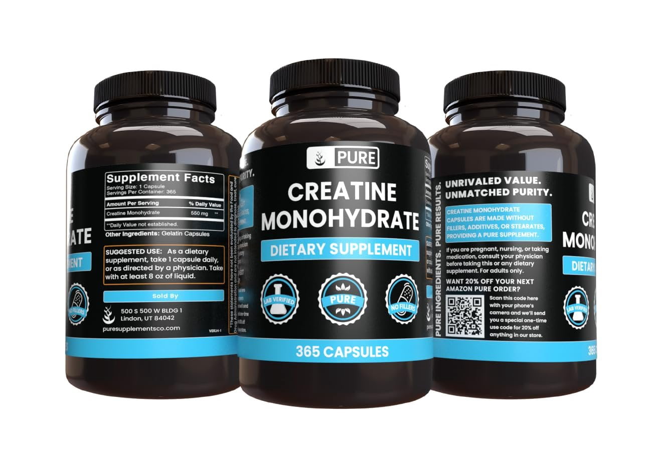 PURE ORIGINAL INGREDIENTS Creatine Monohydrate 365 Capsules No Magnesium Or Rice Fillers, Always Pure, Lab Verified