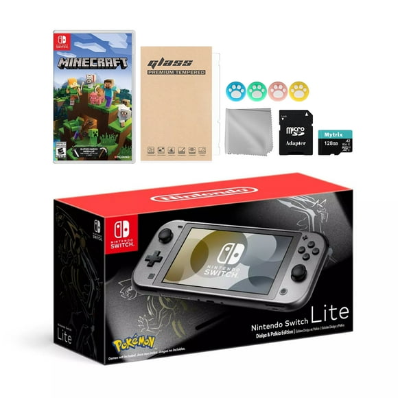 Nintendo Switch Lite Pokemon Dialga & Palkia Limited Edition with Minecraft, Mytrix 128GB MicroSD Card and Accessories NS Game Disc Bundle Best Holiday Gift