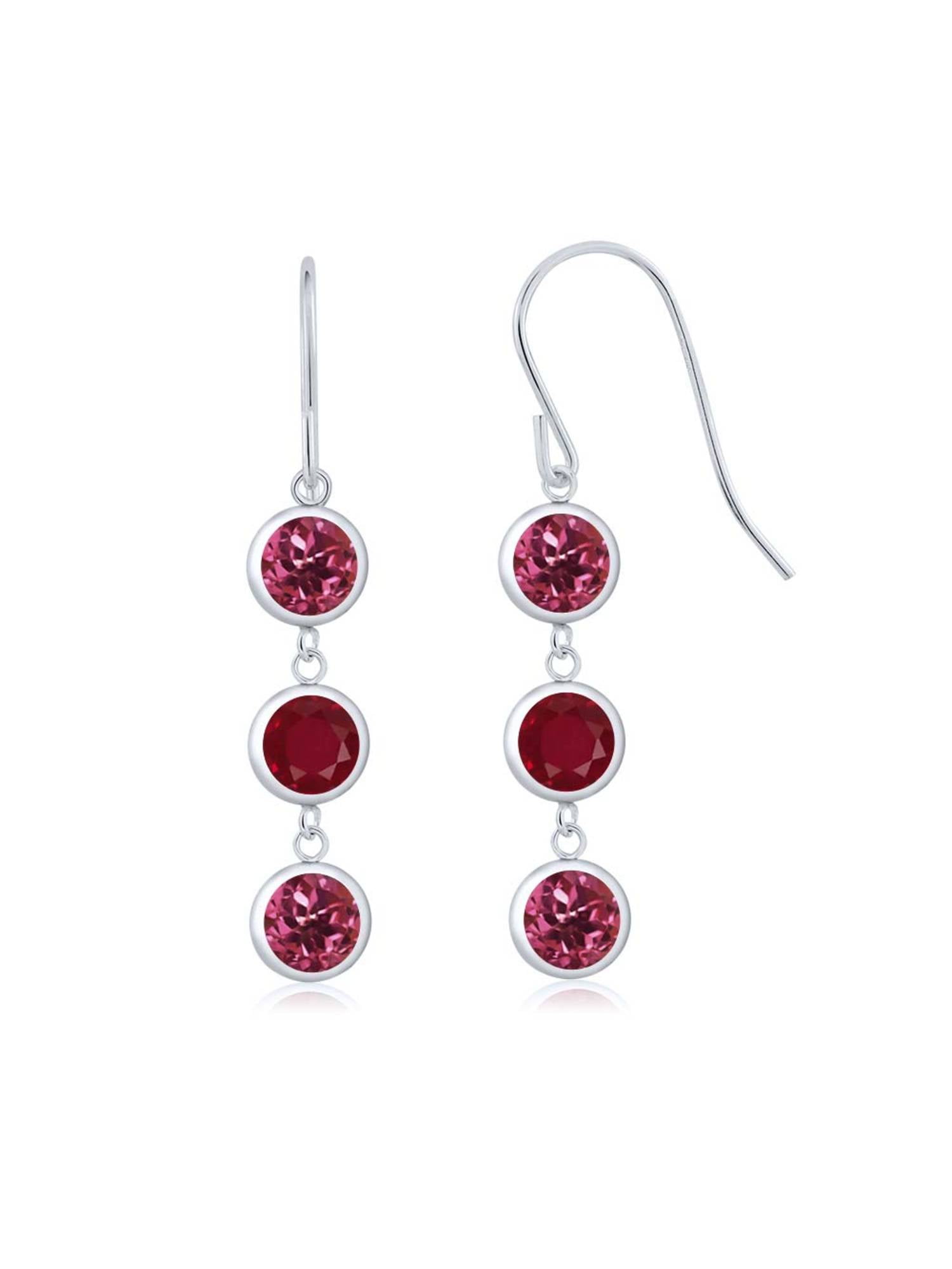 3.10 Ct Round Pink Tourmaline Red Ruby 925 Sterling Silver Earrings by