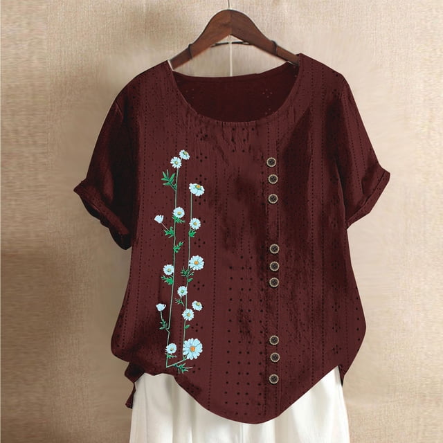 Blouses pour Femmes, Mode Féminine Imprimée Confortable Ample Manches Courtes Blouse Boutonnée Col Rond Décontracté