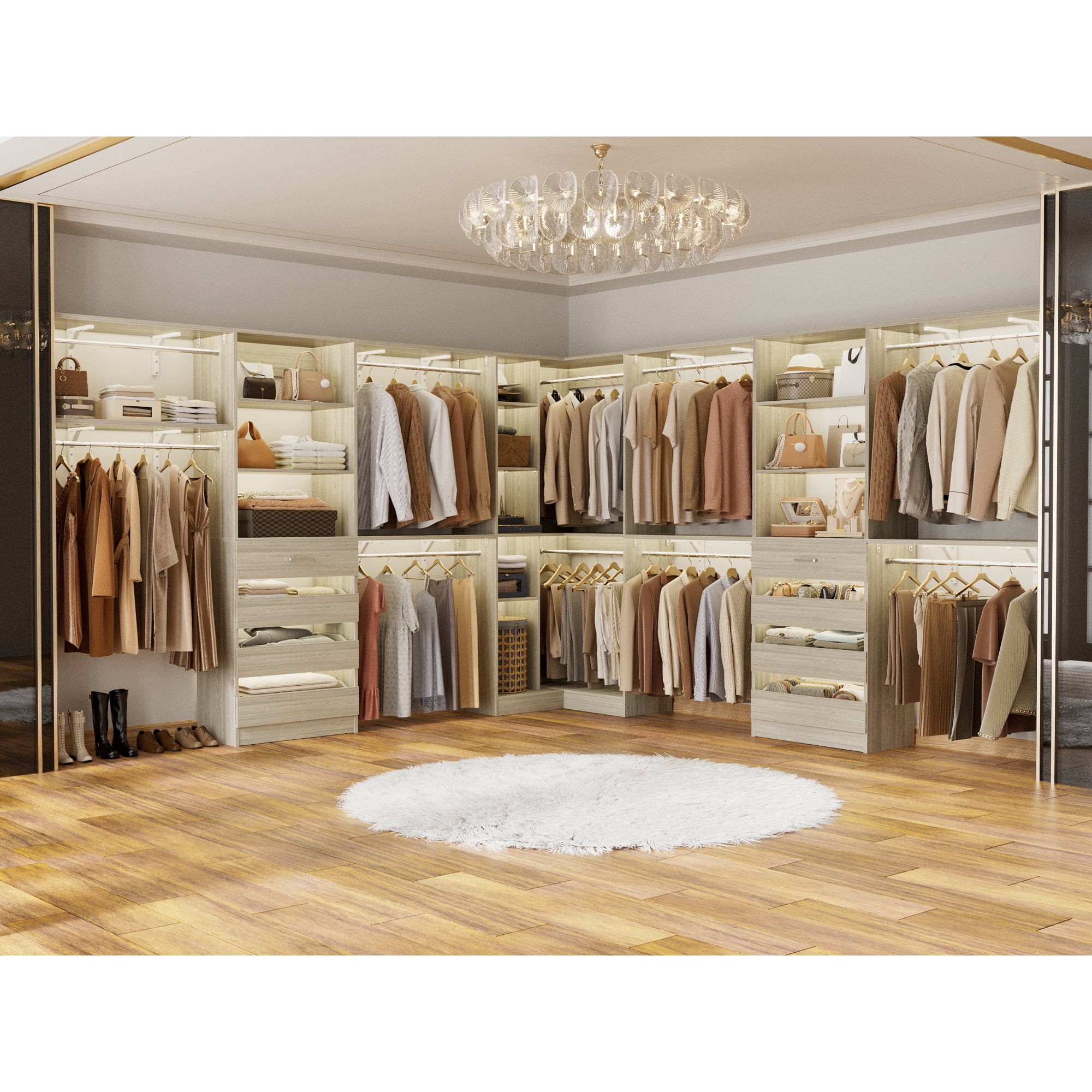 Homieasy 8FT Closet Organizer System with 4 Wooden Drawers & Hanging Rods ,Wooden Heavy-Duty Wardrobe Rack,Adjustable Storage Tower for Walk-In Closets ,White Oak