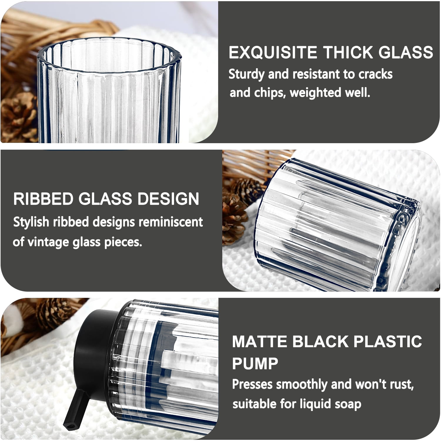CERBIOR Bathroom Accessories Set, 4 Pcs Glass Bathroom Accessories Sets Complete w/Soap Dispenser, Soap Dish ,Toothbrush Holder,Tumbler, Bathroom Decor, Gift for Home Apartment, Black Grey