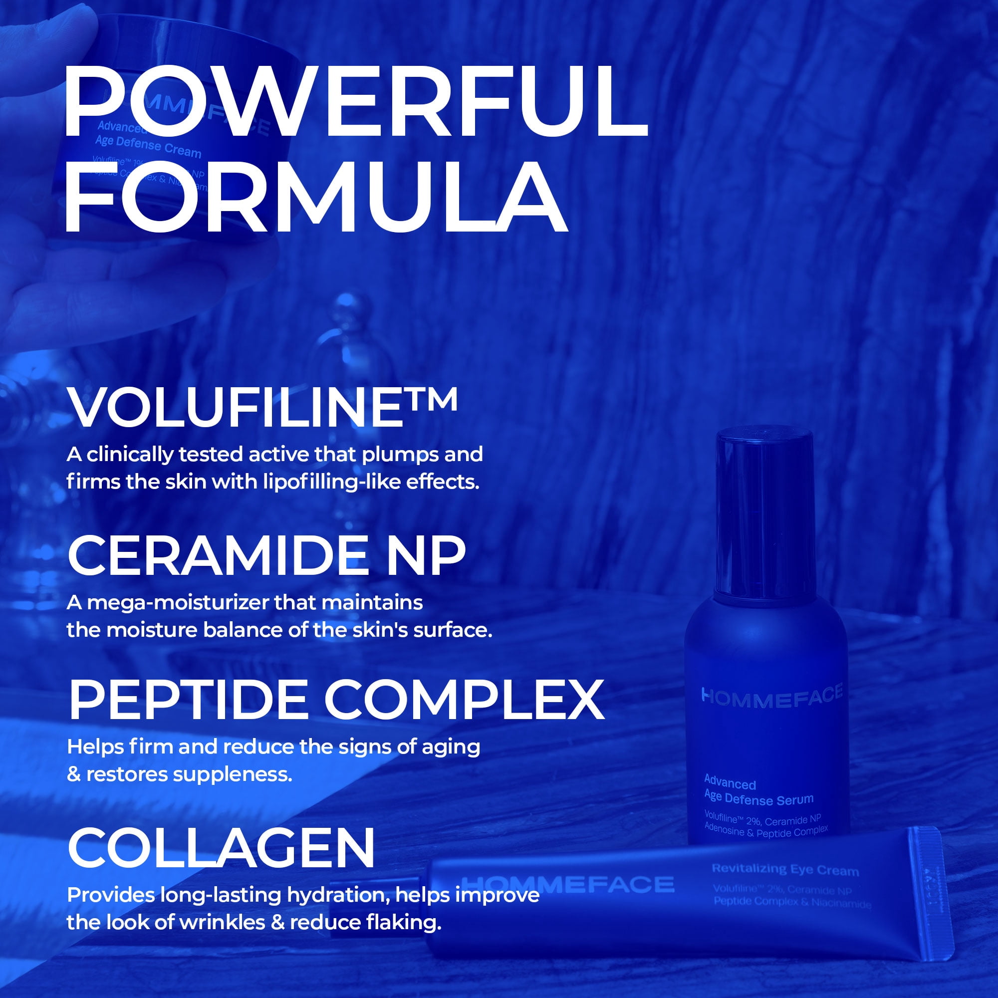 HOMMEFACE Advanced Age Defense Men's 3-Step Anti Aging Wrinkle Skincare Set - Facial Serum, Eye Cream & Face Cream, Net 4.5 oz