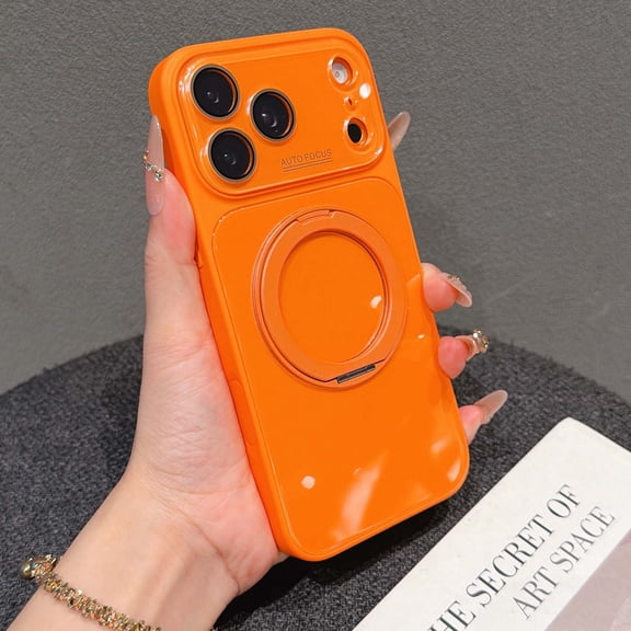 ShellTech Magnetic Case for iPhone 17 Pro with Built-in Lens Protector Cover & Kickstand, MagSafe Compatible 360° Stand Ring Holder, Camera Protection, Shockproof Glossy Glass Phone Case,Orange