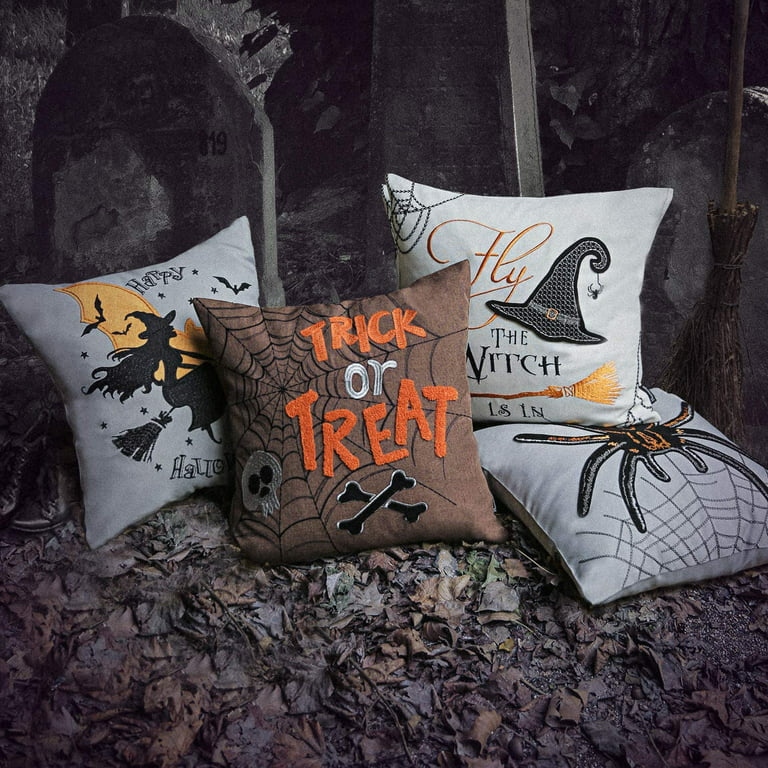 Phantoscope Halloween Holiday Collection Embroidery Decorative Throw Pillow Cover, 18 inch x 18 inch, Orange Embroidery Spider, 4 Pack, Size: Covers