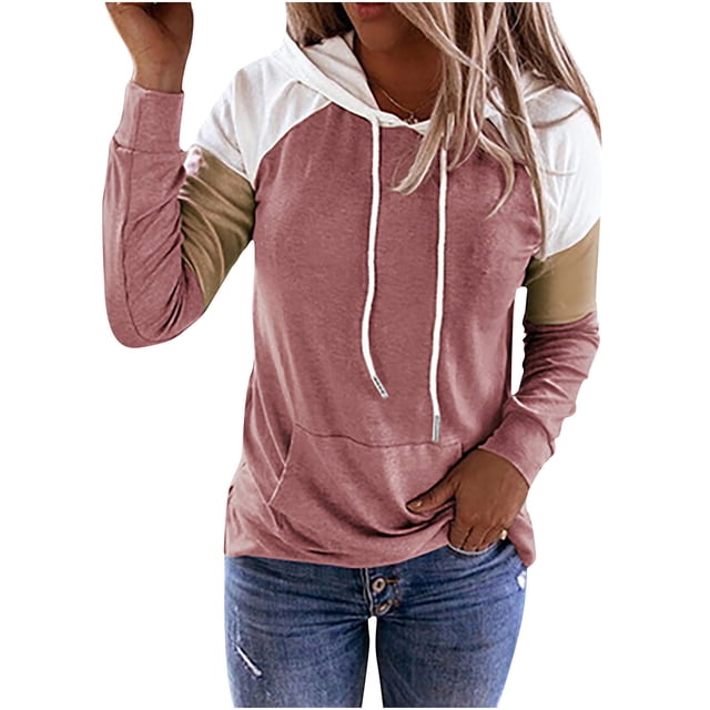 CEHVOM Chandails à Capuchon Patchwork pour Femmes T-Shirt à Manches Longues Chandail Décontracté Haut Blouse