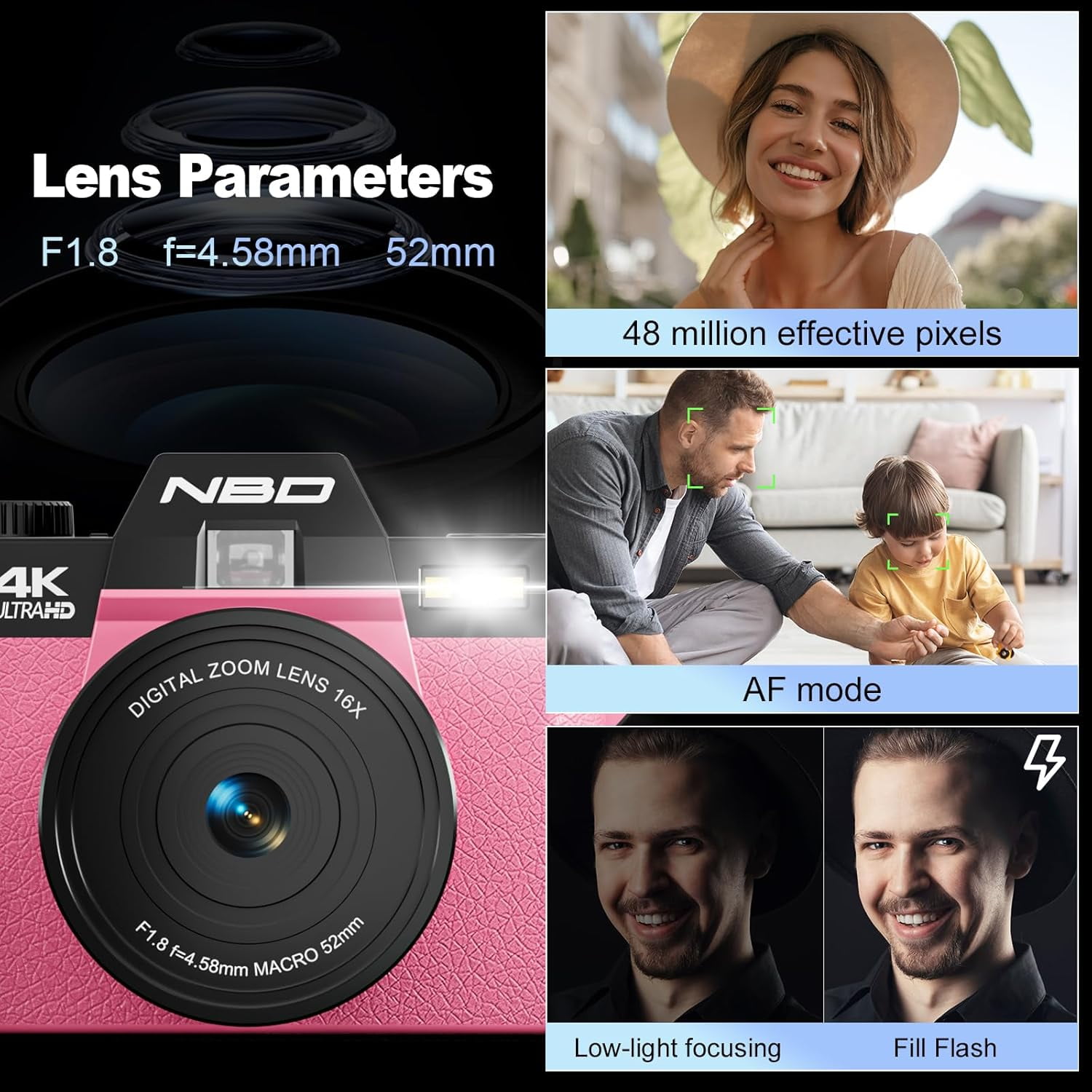 NBD 4K Digital Cameras for Photography,48 MP Autofocus Vlogging Camera with 52mm Wide Angle & Macro Lens
