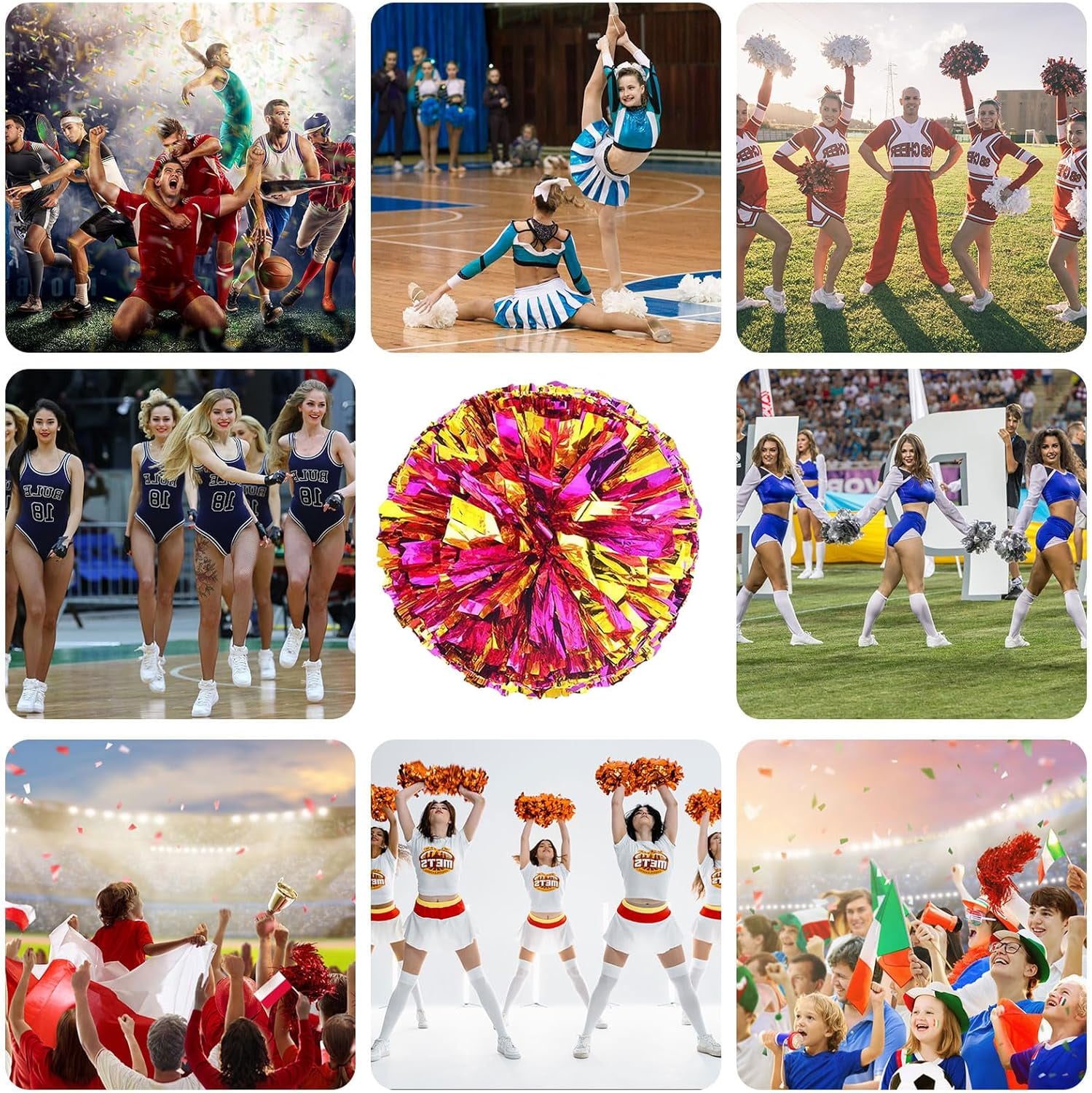 Cheerleader Pom Poms 24 Pack Sports Dance Cheering Plastic Metallic Cheerleading Pom Poms for Kids Adults-Ring Style