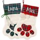 thumbnail image 1 of wonima02 Personalized Dog Cat Paw Christmas Embroidered Stocking with Custom Pet Name - White Faux Sherpa with Red Green Plaid Cuff and Dog Fish Bone Accents, 1 of 1