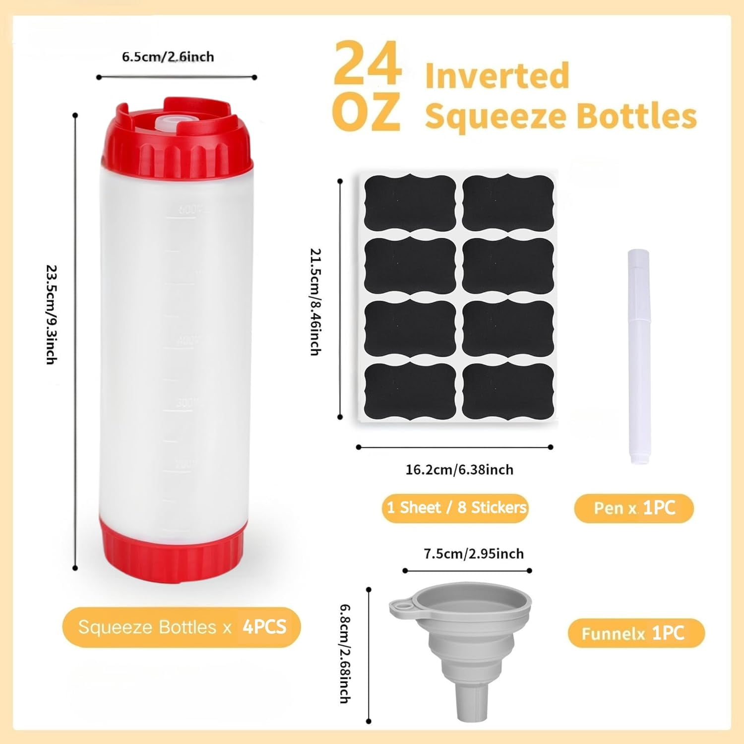 4pcs Inverted Condiment Squeeze Bottles, Leak-Proof Refillable Sauce Container for All Types Liquid, Plastic 24OZ FIFO Dispenser Ketchup Mustard Mayo Honey Syrup Oil