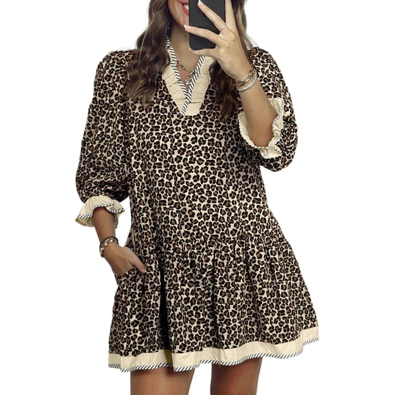 Women's Black Leopard Print Mini Dress with Color Block Trim – Casual Summer Style, XL