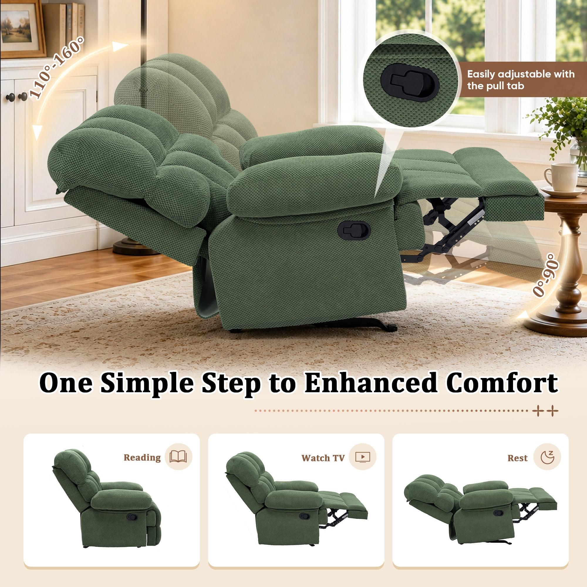 Lunale Manual Rocker Recliner for Home/Office, Adults Fabric Reclining Lounge Chair with Footrest, Green Polyester