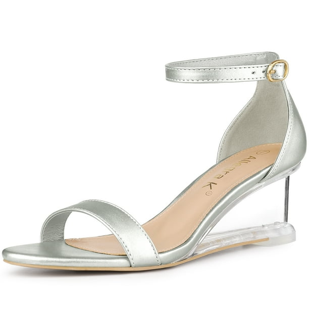 Sandalias de tacones transparentes con cuña baja y correa en el tobillo para mujer Plateado EE. UU. 10