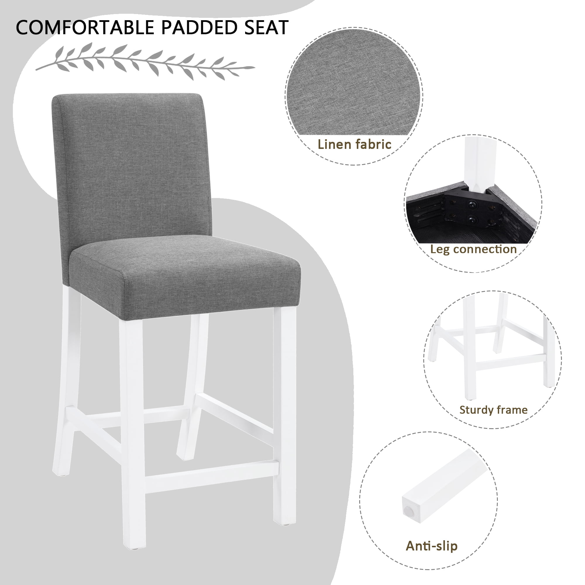 BSHTI 39" 5-Piece Rectangle Counter Height Table Set with Upholstered Chairs, Modern Space Saving Design for Dining Room（Grey & White）