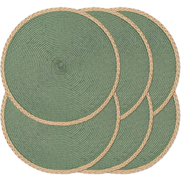 Green Braided Round Placemats Set of 6, 15 Inch Woven Polypropylene Table Mats with Paper Braided Edge for Kitchen Dining Table Decor