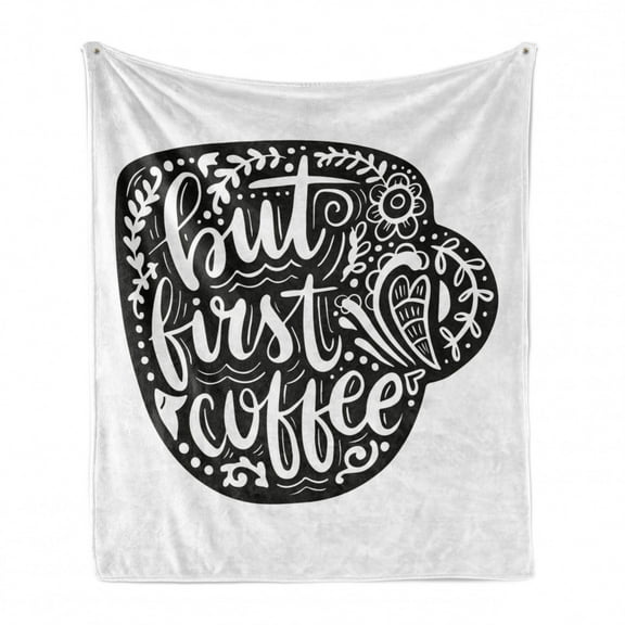 But First Coffee Soft Flannel Fleece Throw Blanket, Monochrome Ornamental Graphic of a Botanical Distorted Mug, Cozy Plush for Indoor and Outdoor Use, 50" x 70", Charcoal Grey and White, by Ambesonne