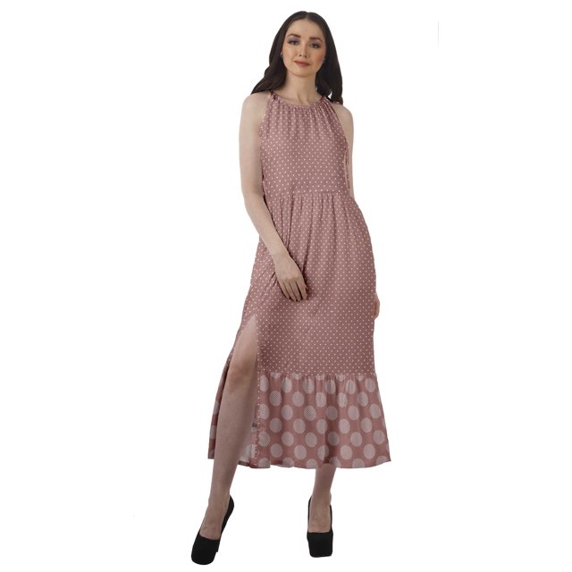 Moomaya Robe Longue Maxi de Fête pour Femmes en Rayonne Imprimée à Encolure Licou avec Fente avant