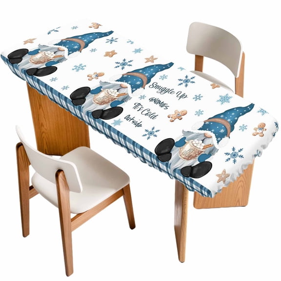 Christmas Table Cloths for 8 Foot Rectangle Tables, Xmas Gnomes Snowflakes Gingerbread Man Patio Waterproof Elastic Fitted Tablecloths, Washable Rectangular Table Cover for Camping