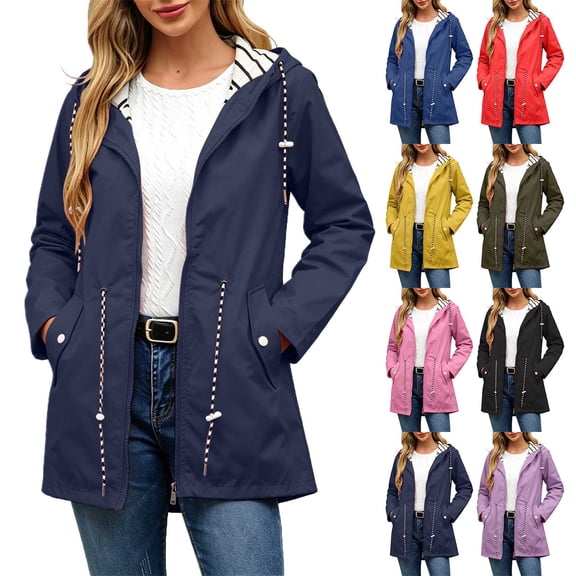cocolona Plus Size Womens Raincoat Lightweight Striped Lined Outdoor Jacket Windbreaker Waterproof Oversized Hiking Outerwear L-5xL