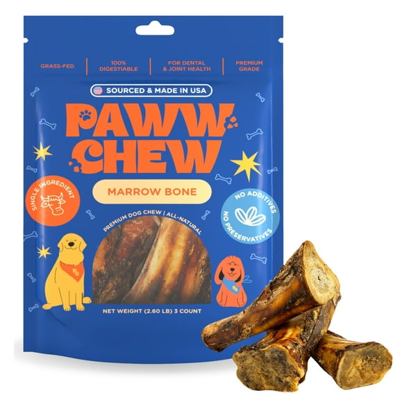 Paww Chew Marrow Bones for Dogs, 100% Natural Single Ingredient 7-8 inc (3 Pack) Made and Sourced in the USA, Extra Large Beef Marrow Bones for Aggressive Chewers, Real Meaty Dog Bones for Large Dogs