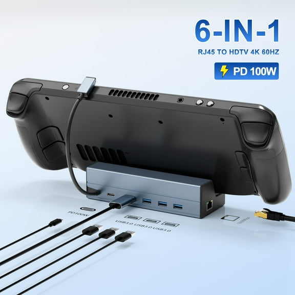 6 in 1 Docking Station For Valve Steam Deck, 4K@60Hz HDMI 2.0, USB C PD 100W Charge, USB 3.0 x 3, RJ45 1000M, Aluminum Steam Deck Dock Stand