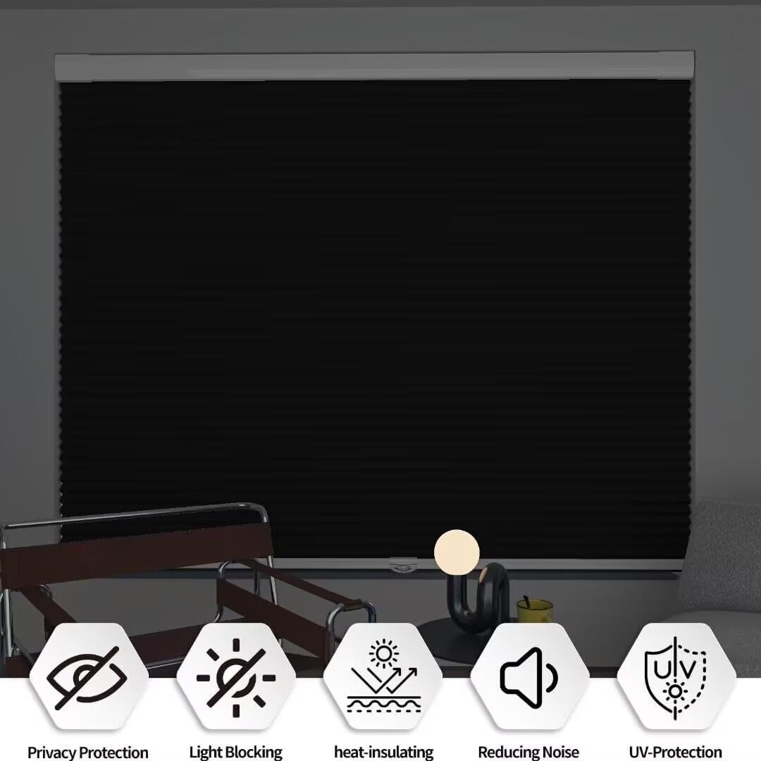 Myshade No Drill Blackout Shades Tension Cordless Cellular Blinds for Indoor Windows No Tools Window Blinds & Shades(Black-29"W*78"H)