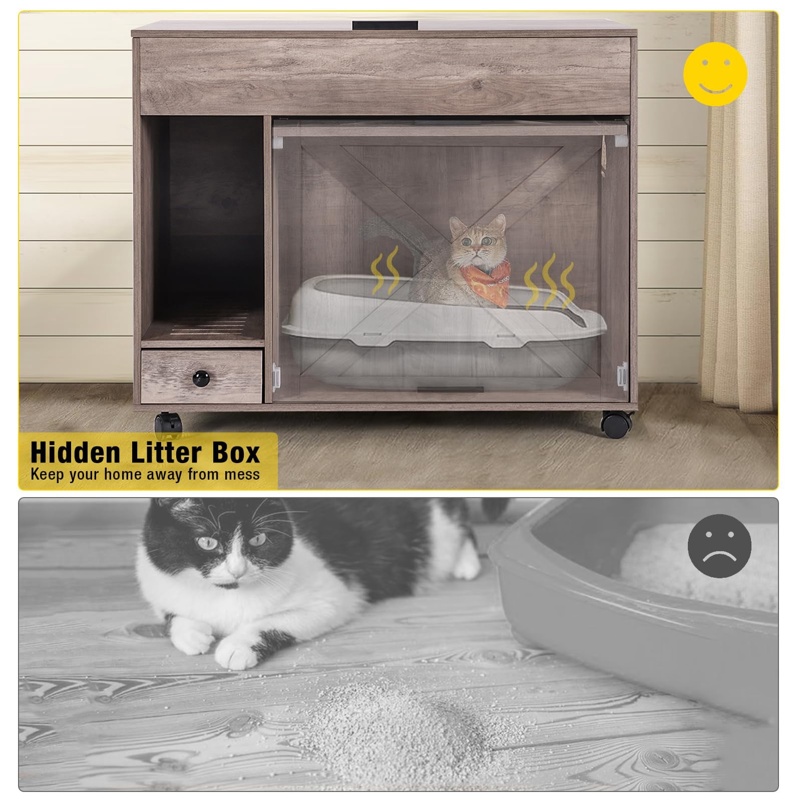 Aivituvin Cat Litter Box Enclosure Cabinet,Flip Top Hidden Litter Box Furniture,Indoor Wooden Covered Cat House with Drawer,Wheels