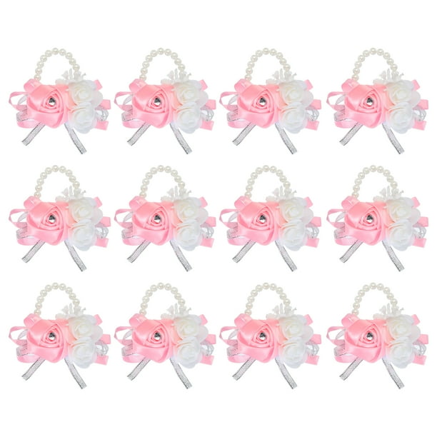 Uxcell 12Pcs Pulseras de Flores Artificiales Corsage de Muñeca para Ceremonia de Boda Rosa