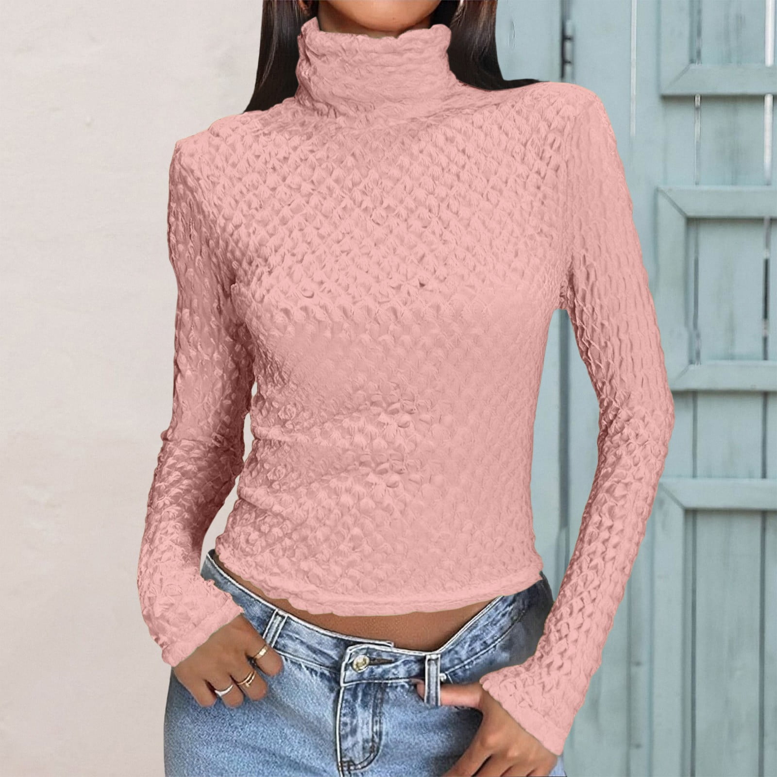 Women's Waffle Texture Long Sleeve Crop Top Stretchy Form-Fitting