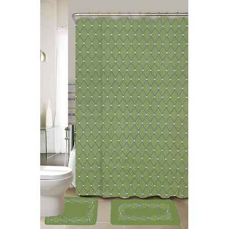 Jacky Green & Gray 15-Piece Bathroom Accessory Set 2 Bath Mats Shower Curtains &