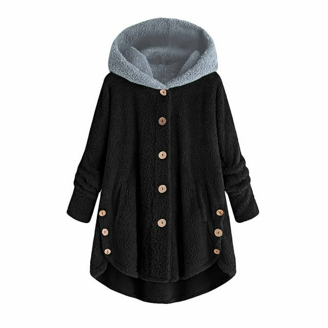 Lindbes Clearance Womens Plus Size Button Jacket Plush Solid Color Hooded Jacket Loose Cardigan Coat Winter Jacket Sweater