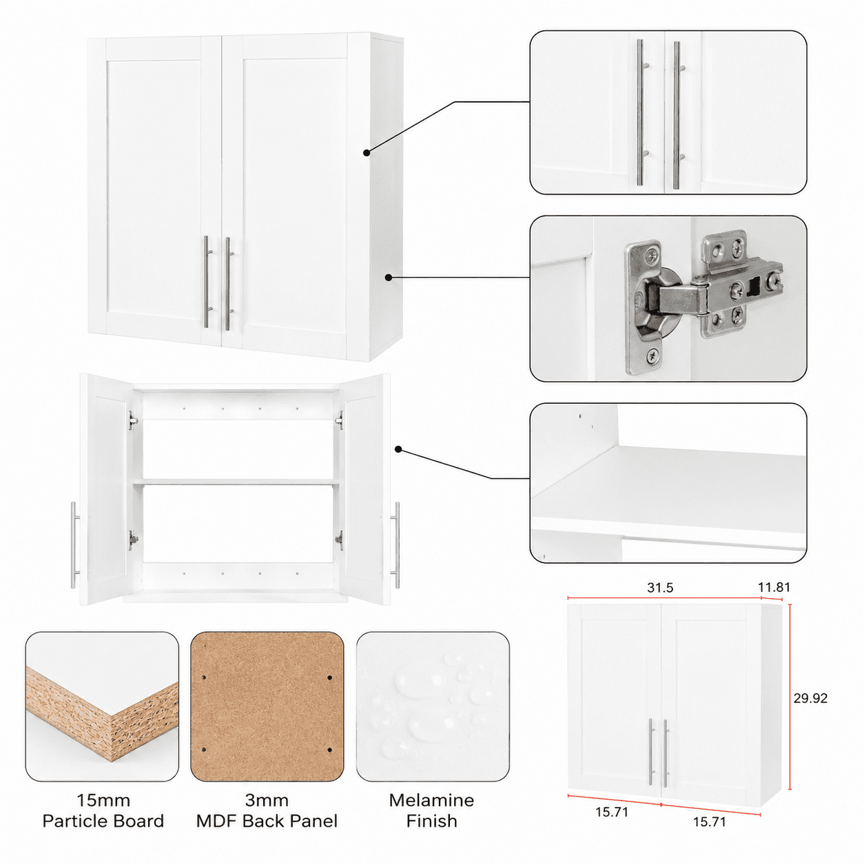Aukfa 31.5" Wall Mounted Storage Cabinet with Adjustable Shelves, Stackable Utility Cabinet for Laundry Room & Kitchen, White