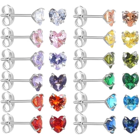 12 Pairs Heart Birthstone Stud Earrings, 18K Gold Plated Surgical Steel, Hypoallergenic Cubic Zirconia Earrings Set, Gift for Women All Year Round