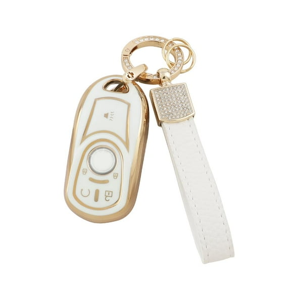 Elegant White and Gold 5-Button Bling Key Fob Cover with Matching Keychain Cute TPU Protective Case Compatible with Buick Encore and Regal Smart Remote