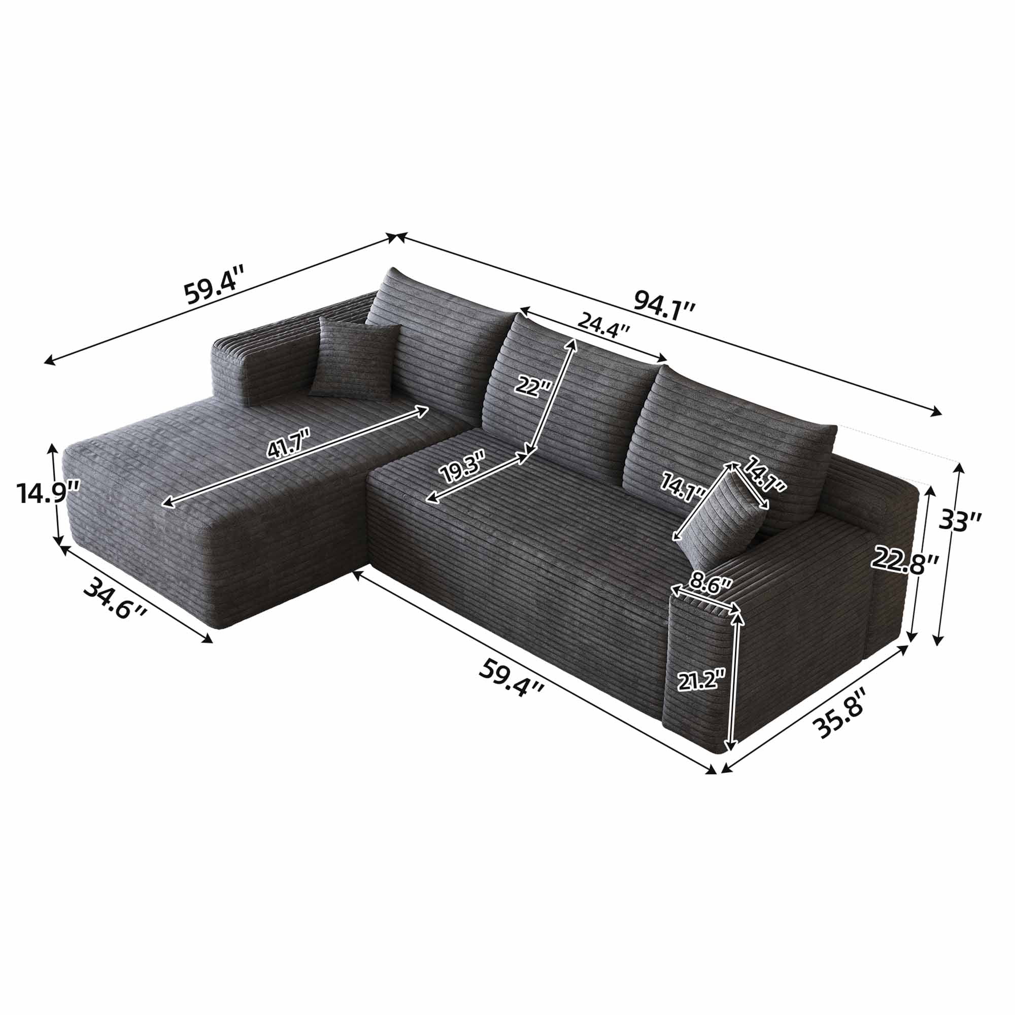 Lunale 95" L-Shaped Modular Sectional Sofa, No Assembly Required, Boneless Corduroy Cloud Couch for Living Room, Gray(Left Facing Chaise)