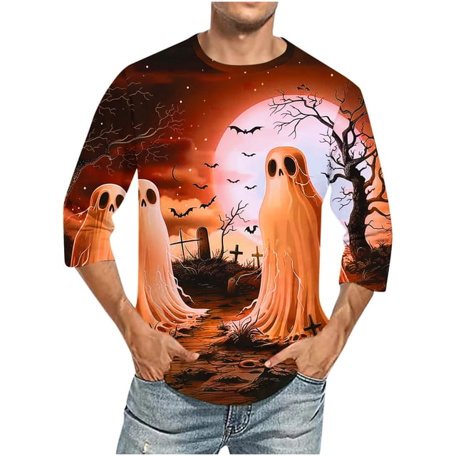 Camisas de Manga Larga para Hombres Imprimir Blusa de Manga Corta de Cuello Redondo, Camisas de Lino para Hombres