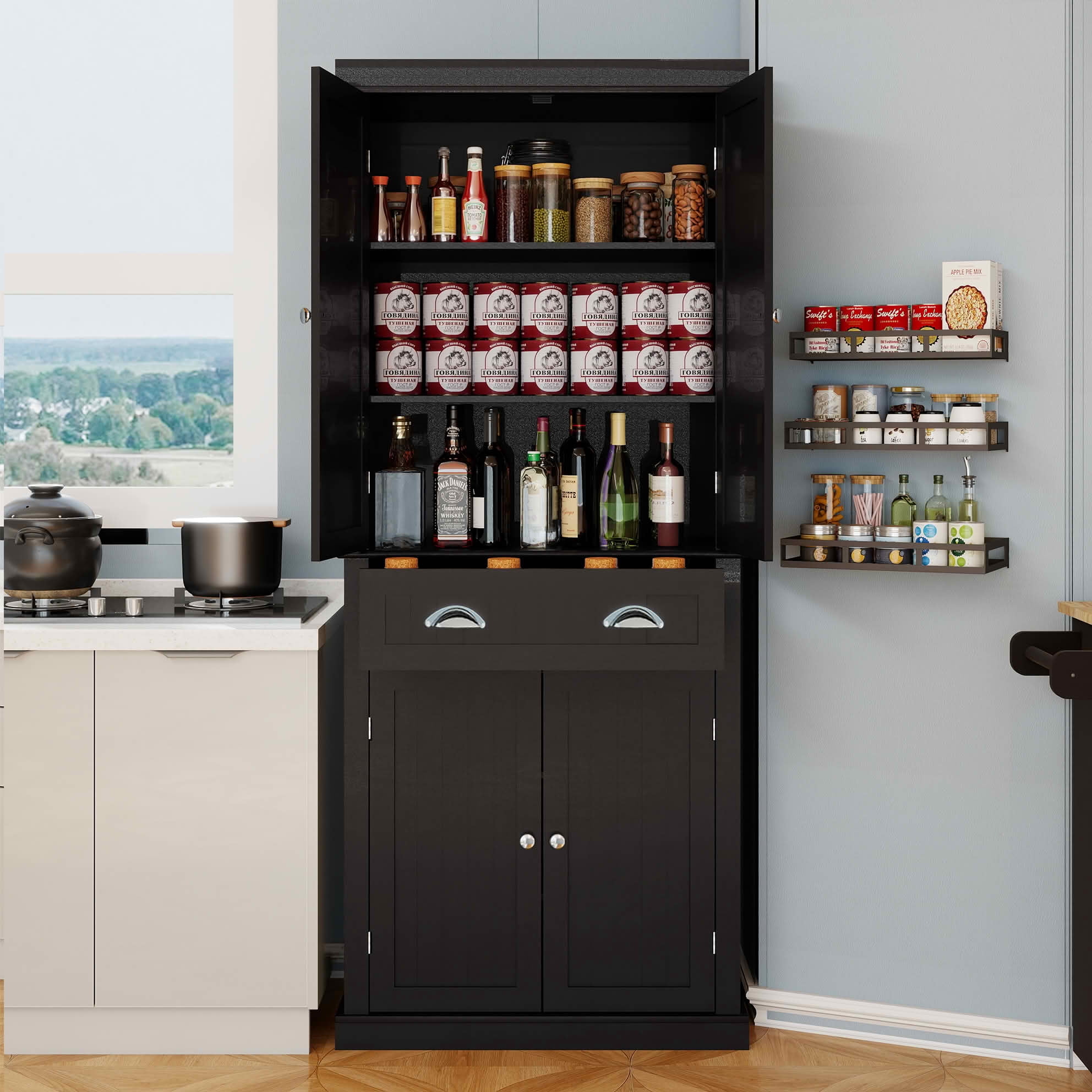 MAYEERTY 71-Inch Kitchen Pantry Storage Cabinet, Freestanding Cupboard with 4 Doors 1 Drawer 2 Adjustable Shelves Black