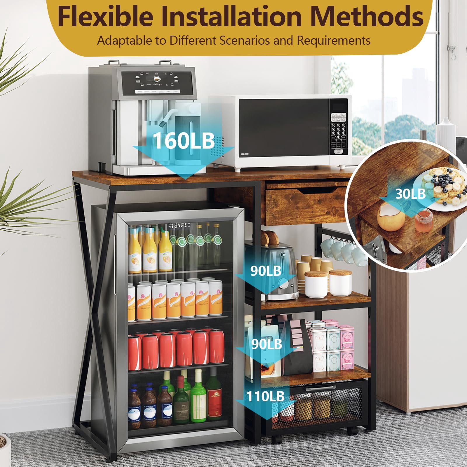 41.7" Mini Fridge Stand with Storage Shelf, 3-Tier Microwave & Coffee Bar Organizer with Basket and Pull-Out Tray for Dorm or Apartment