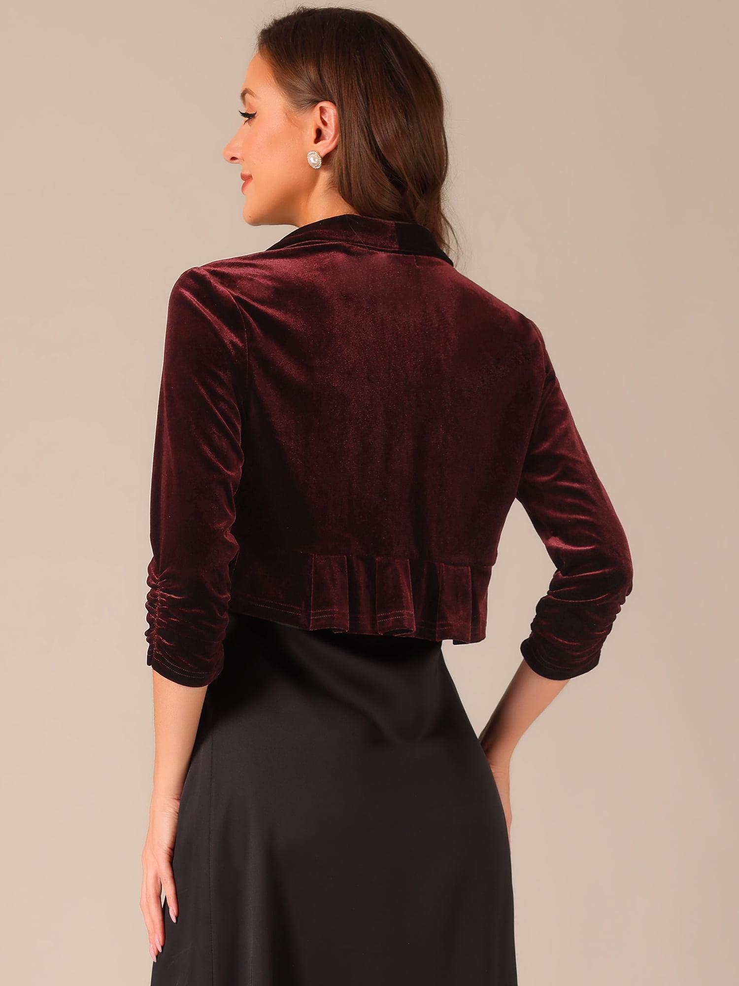 DARING DIVA Women's 3/4 Sleeve Velvet Shrug Open Front Bolero Cropped Cardigan Top S Burgundy