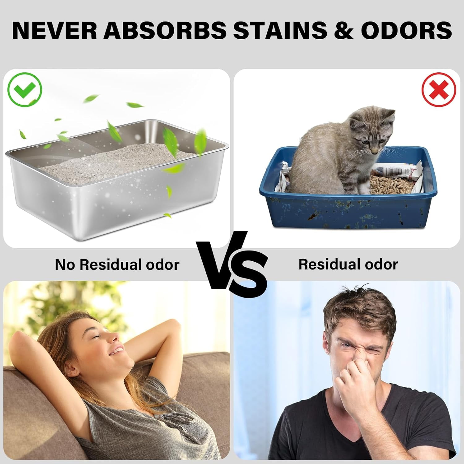 Stainless Steel Litter Box, High Sided Large Metal Cat Litter Boxes Easy Clean, Non Stick and No Smell, Suitable for Adult Cats/Kitty 17.8"L x 13.8"W x 4"H