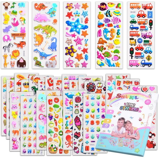 Pegatinas para niños 1000 +, 40 hojas diferentes, pegatinas 3D hinchadas para niños, pegatinas a granel para regalo de cumpleaños de niña, álbumes de recortes, maestros, niños pequeños, incluidos anim