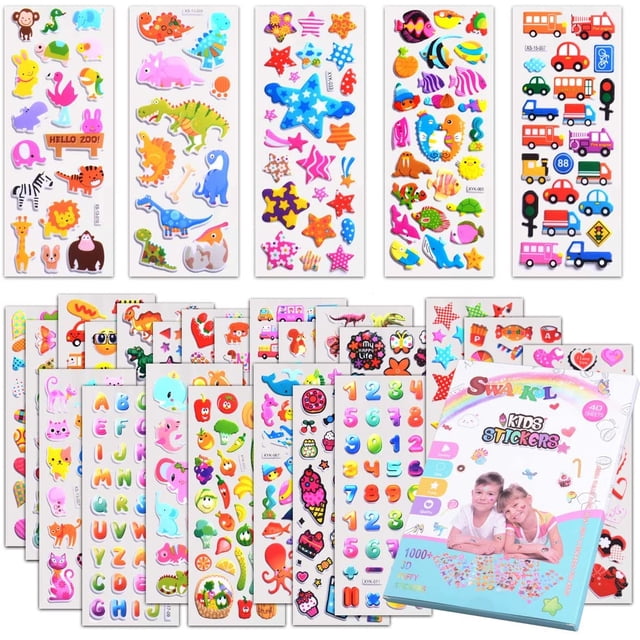 Pegatinas para niños 1000 +, 40 hojas diferentes, pegatinas 3D hinchadas para niños, pegatinas a granel para regalo de cumpleaños de niña, álbumes de recortes, maestros, niños pequeños, incluidos anim