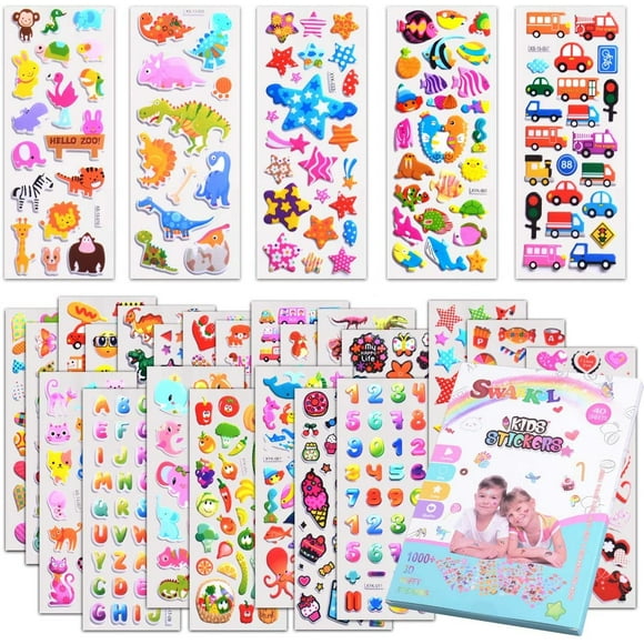 Pegatinas para niños 1000 +, 40 hojas diferentes, pegatinas 3D hinchadas para niños, pegatinas a granel para regalo de cumpleaños de niña, álbumes de recortes, maestros, niños pequeños, incluidos anim